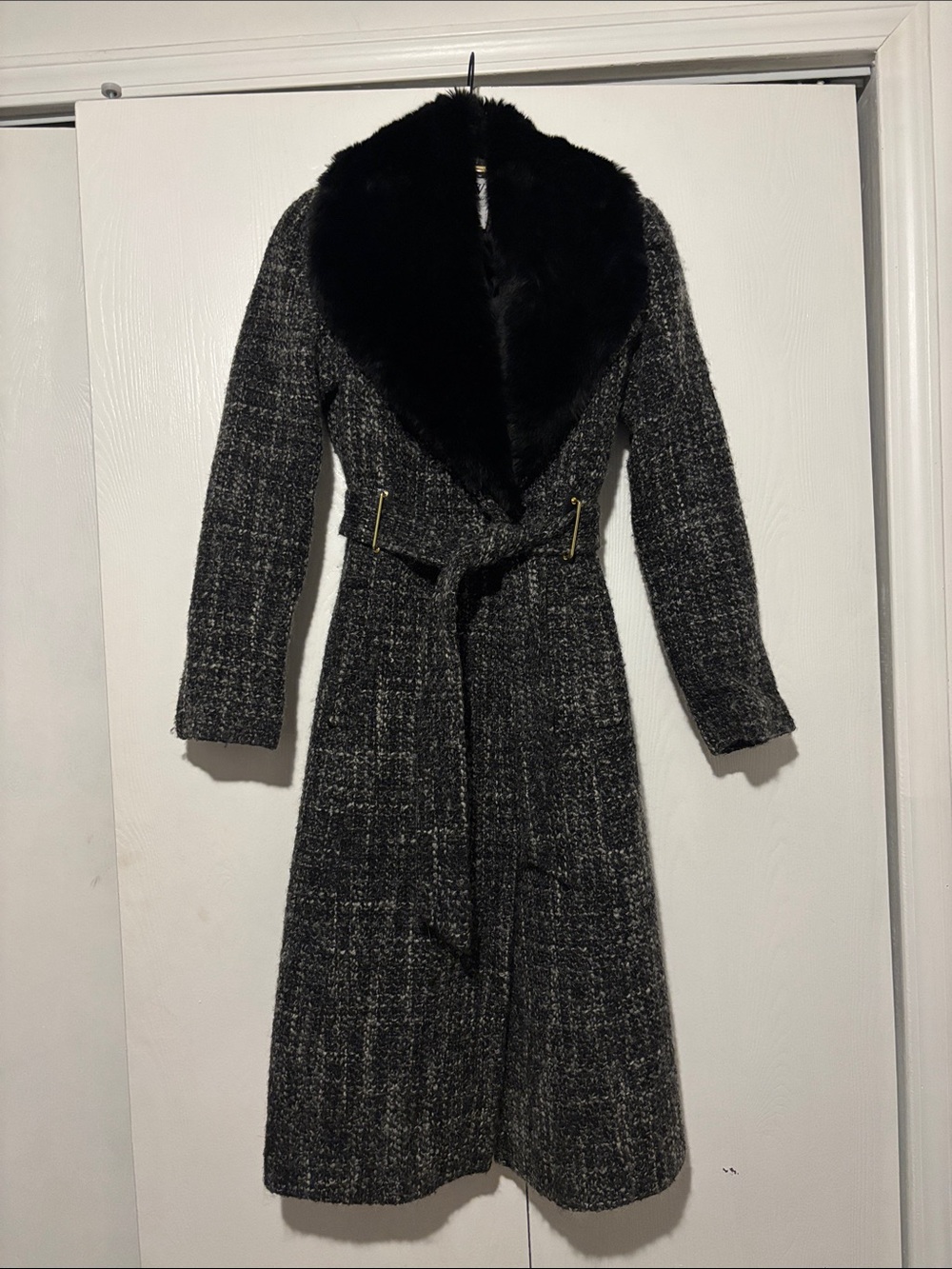 Worthington Black Tweed Trench Coat with Faux Fur Collar